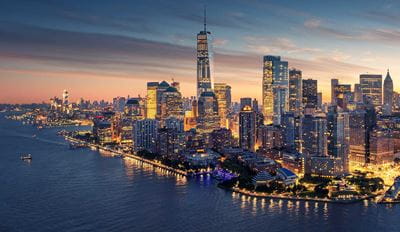 Vibrant aerial view of New York city at sunset