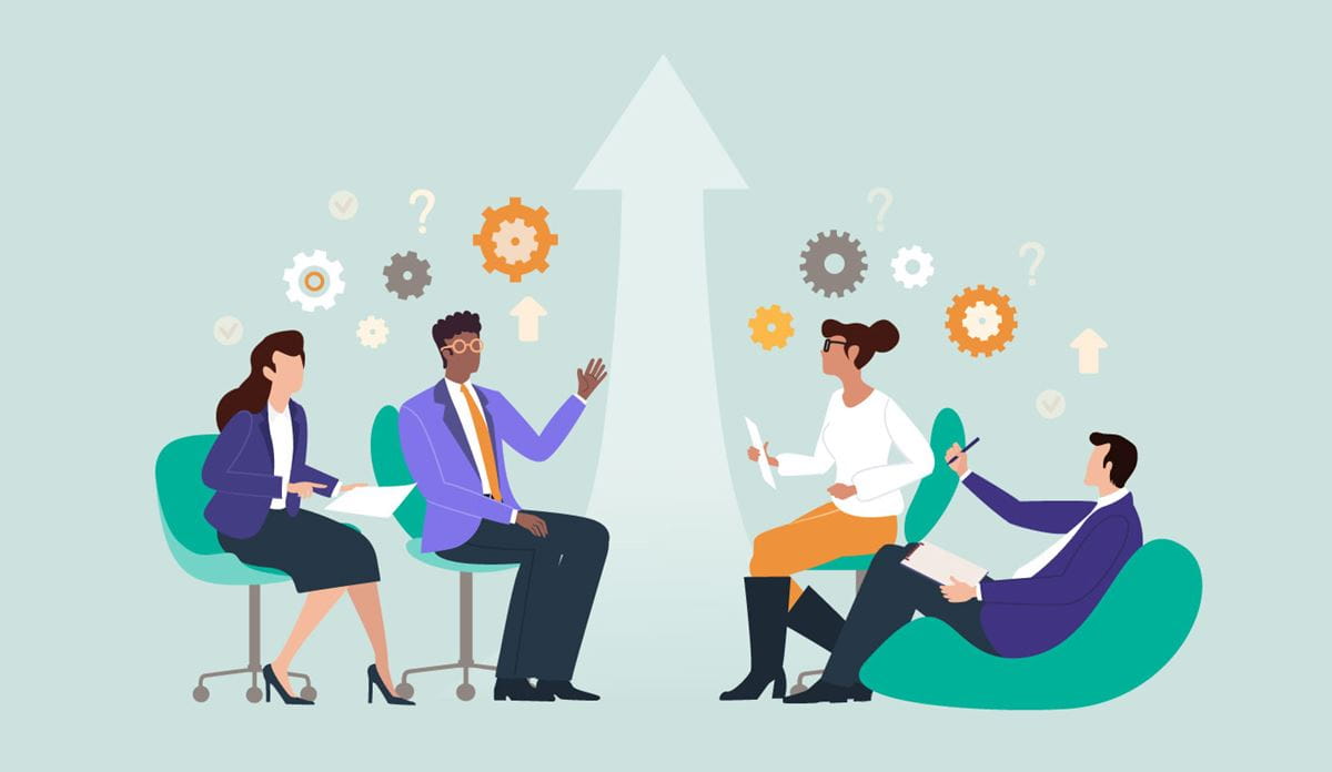 Business team seated at a table, engaged in discussion, with an upward arrow graphic representing positive growth trends.