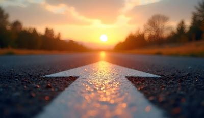 Road arrow pointing towards sunrise