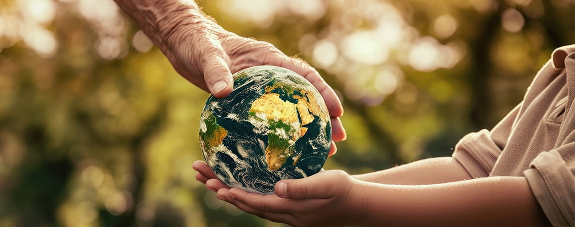 An older person's handing handing a tiny Earth to a child