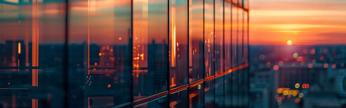 Building windows reflecting a sunset