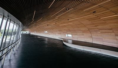 Modern curved hallway with wooden ceiling and large glass windows.