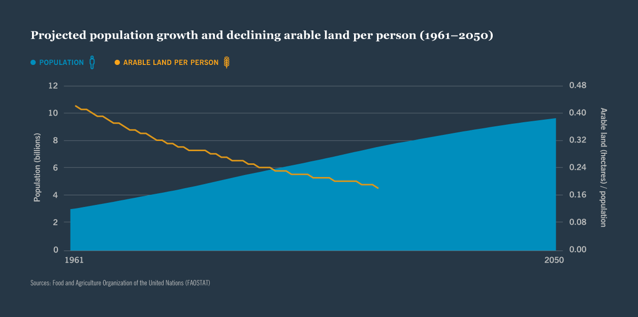 Chart: Projected population growth and declining arable land per person (1961-2050)