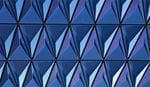 A blue structure adorned with prominent triangular designs