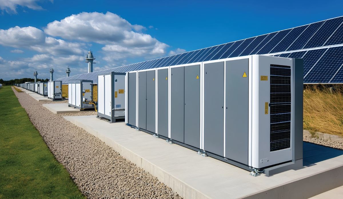 Row of large industrial battery storage unite beside a solar farm under a blue sky.
