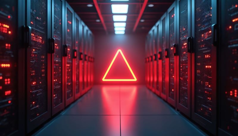 Neon red triangle glowing at the end of a red-lit server room aisle.